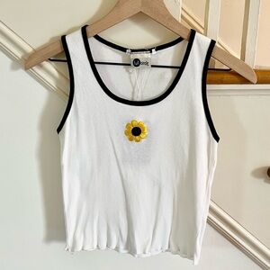 Vintage 1990s White Tank Top with Black Trim and Sunflower Detail